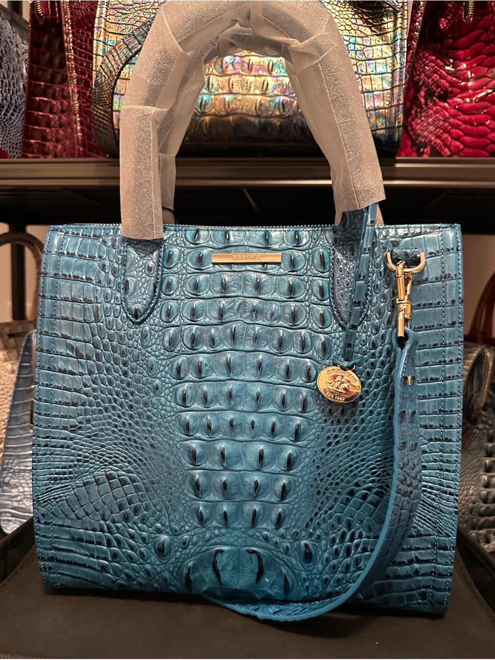 Sale Today! Brahmin Vibrant Azure Large Caroline Teal Leather Tote - Picture 10 of 13